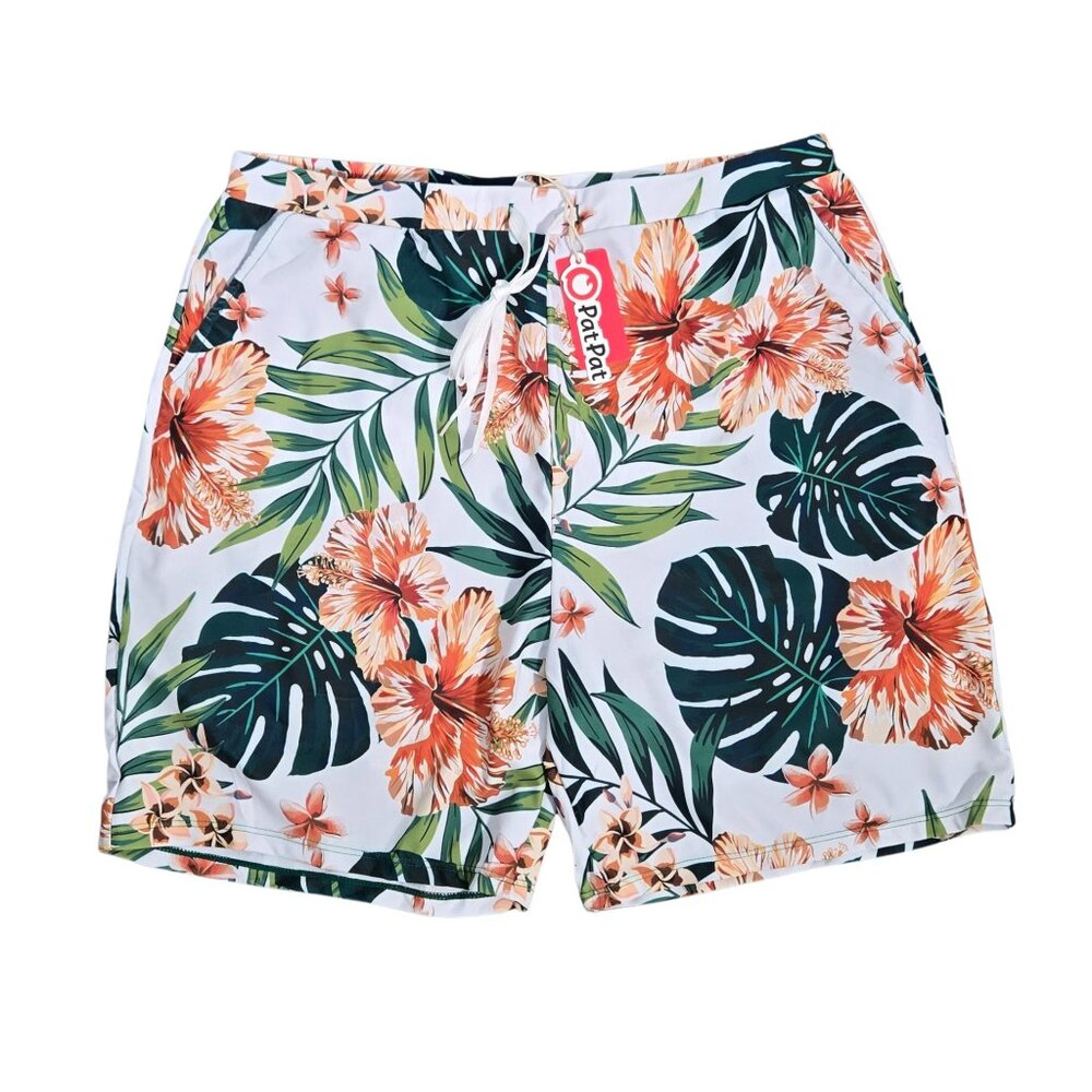 NWT | PatPat Men's White & Orange Tropical Floral Print Swim Trunks | XL